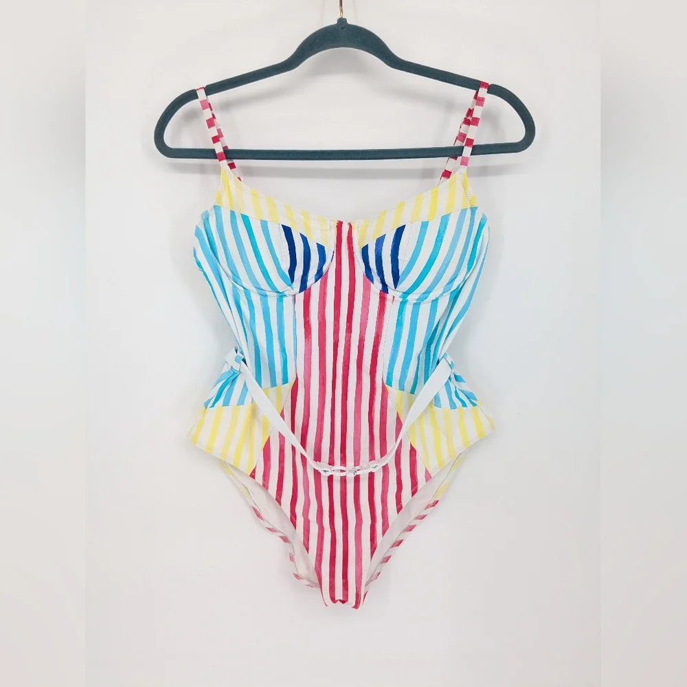 Solid & Striped The Spencer One Piece Colorblock Watercolor Stripe Swimsuit XL - Picture 9 of 12